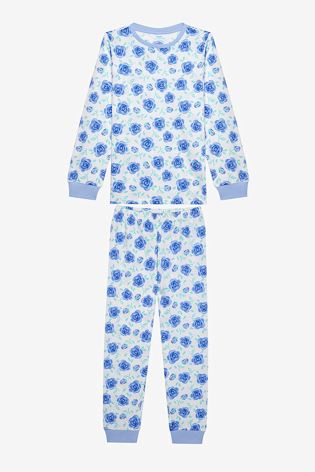 Girls Blue Roses 2-Piece Multicolored Pajama Set