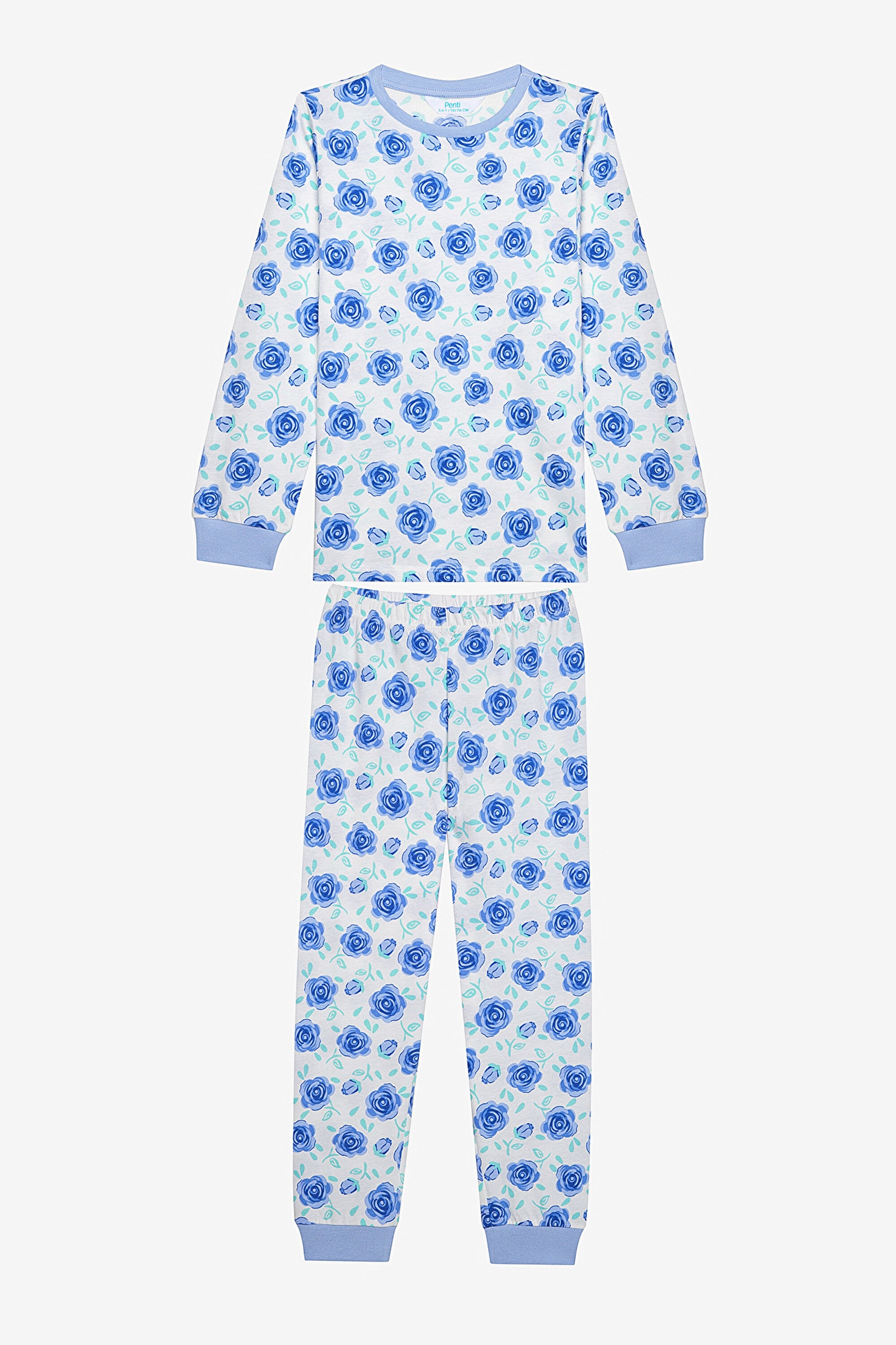 Girls Blue Roses 2-Piece Multicolored Pajama Set