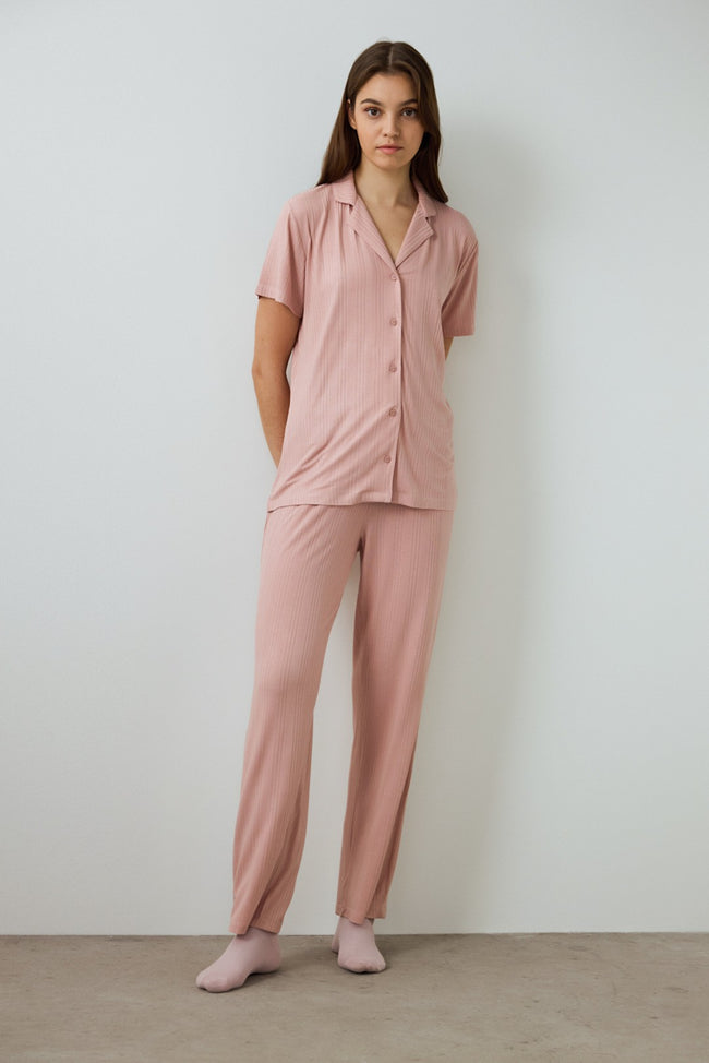 Dusty Rose Emma Ribbed Shirt Collar Short Sleeve Pajama Set Hover Image