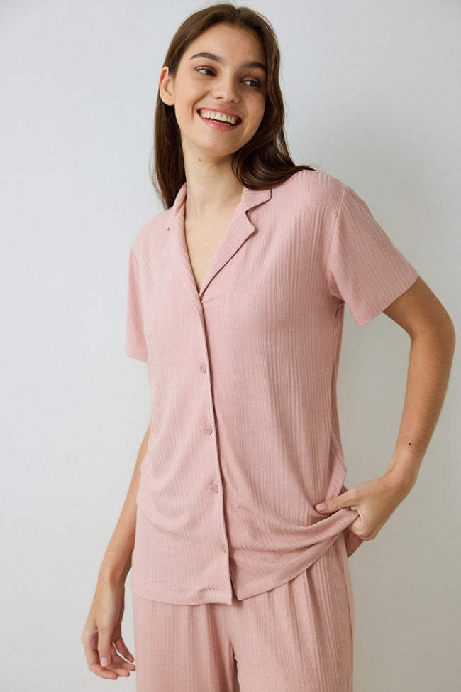 Dusty Rose Emma Ribbed Shirt Collar Short Sleeve Pajama Set Main Image