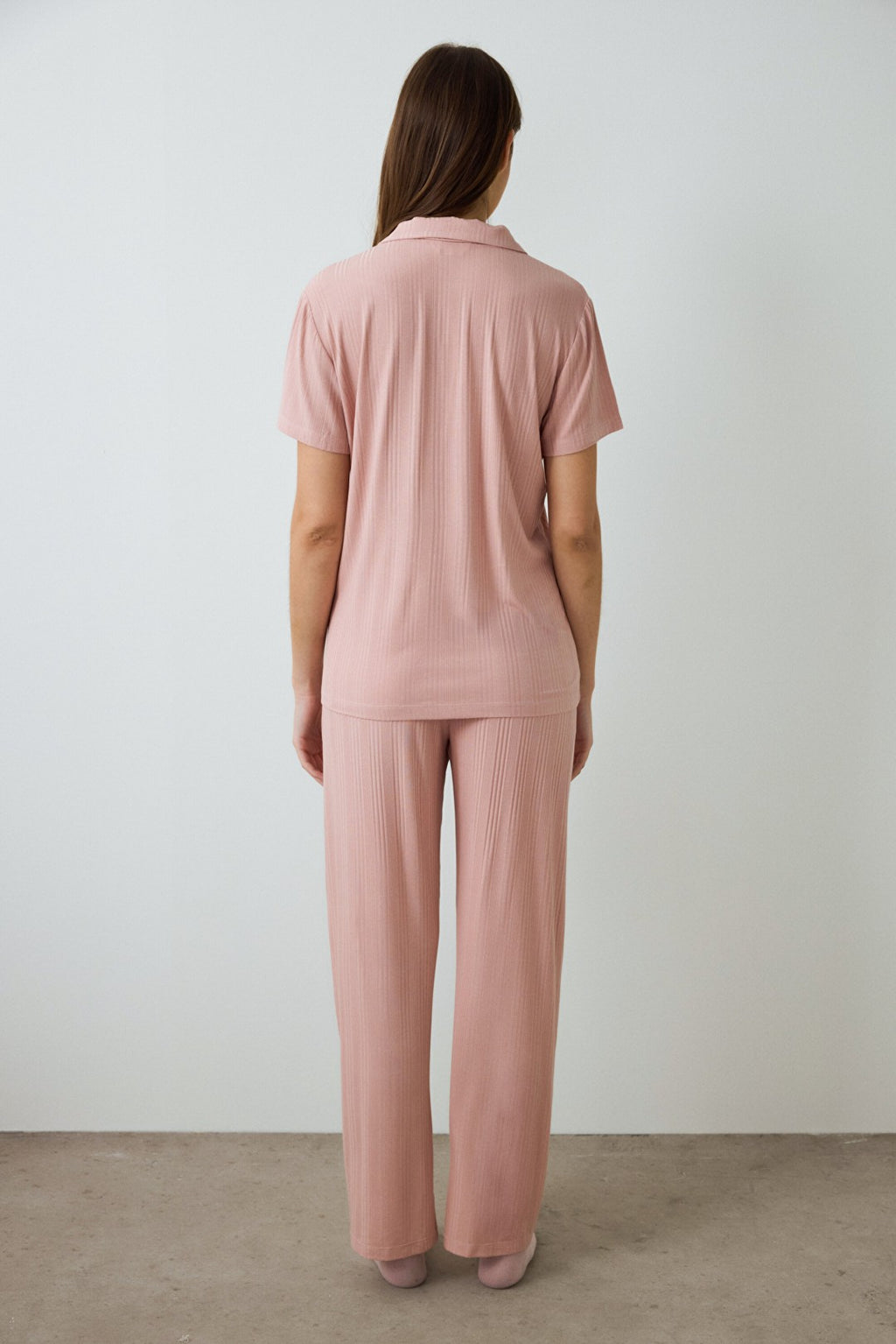 Dusty Rose Emma Ribbed Shirt Collar Short Sleeve Pajama Set
