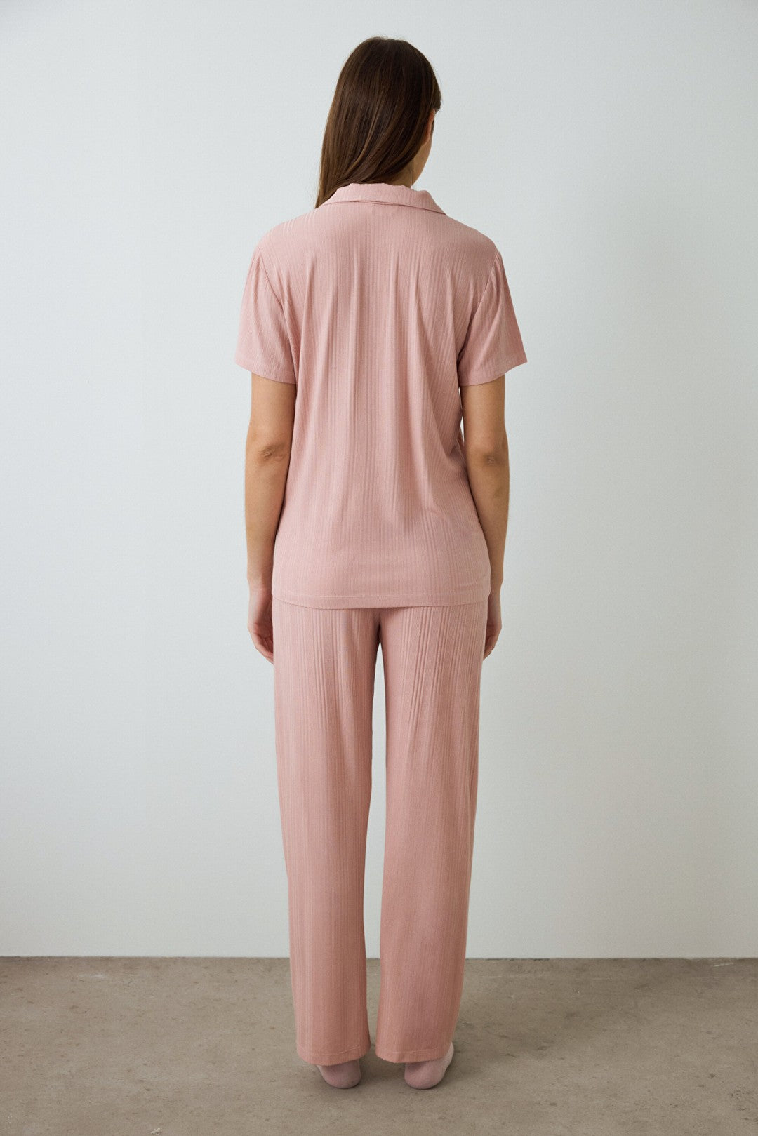 Dusty Rose Emma Ribbed Shirt Collar Short Sleeve Pajama Set