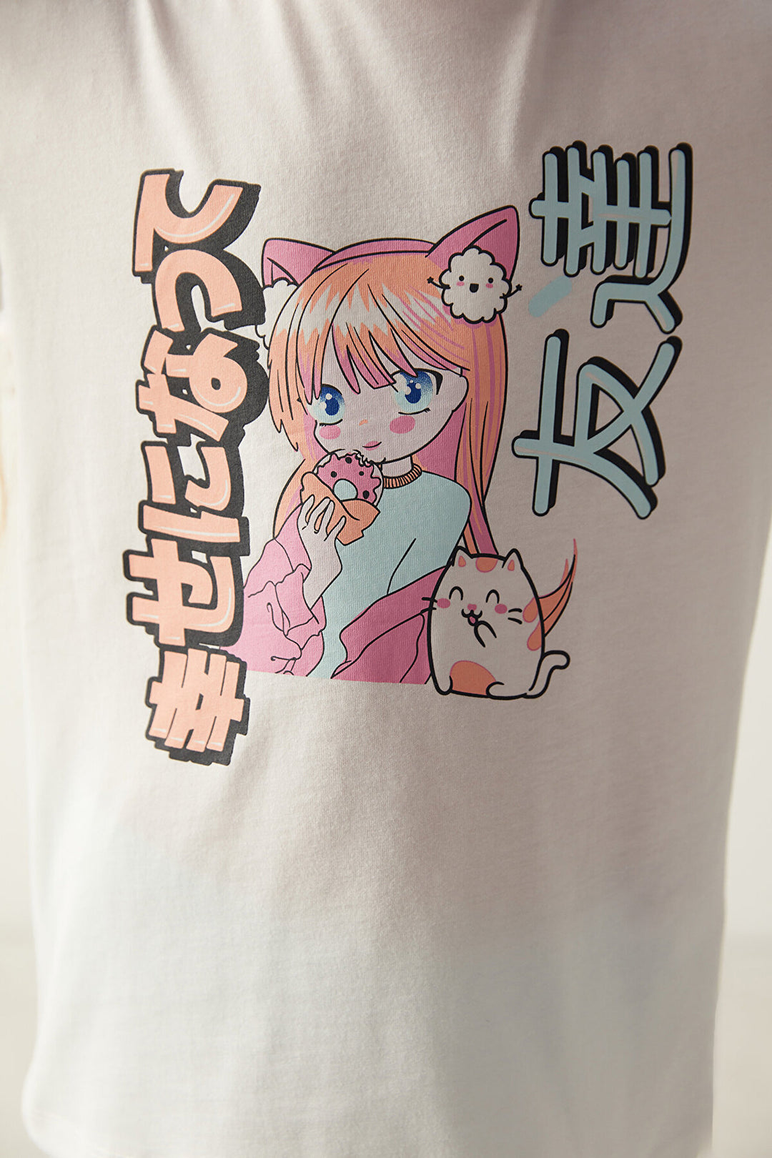 Girls Anime Cat Patterned 2-Piece Pajama Set