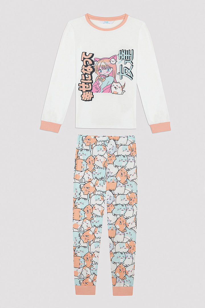 Girls Anime Cat Patterned 2-Piece Pajama Set