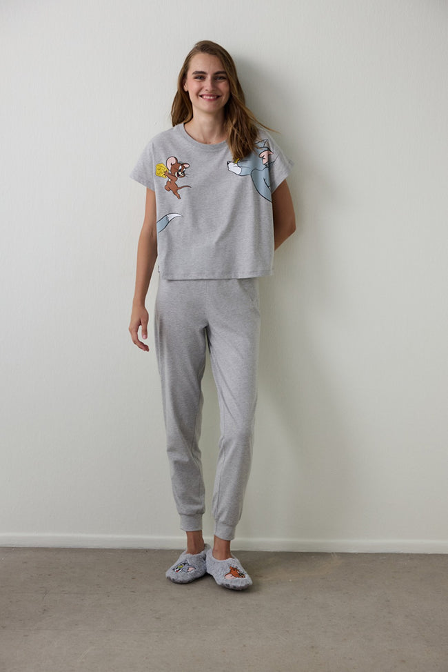 Gray Melange Tom & Jerry Printed Short Sleeve Pajama Set Hover Image