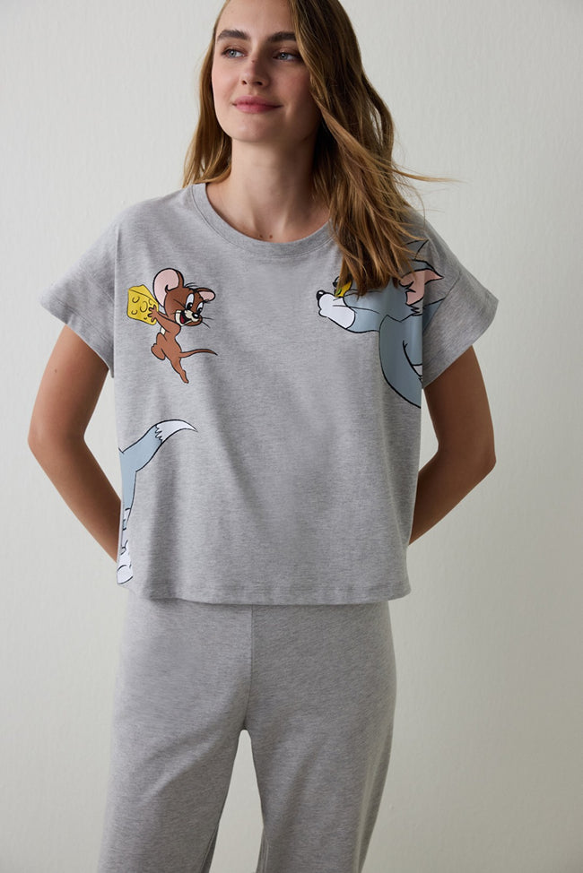 Gray Melange Tom & Jerry Printed Short Sleeve Pajama Set Main Image