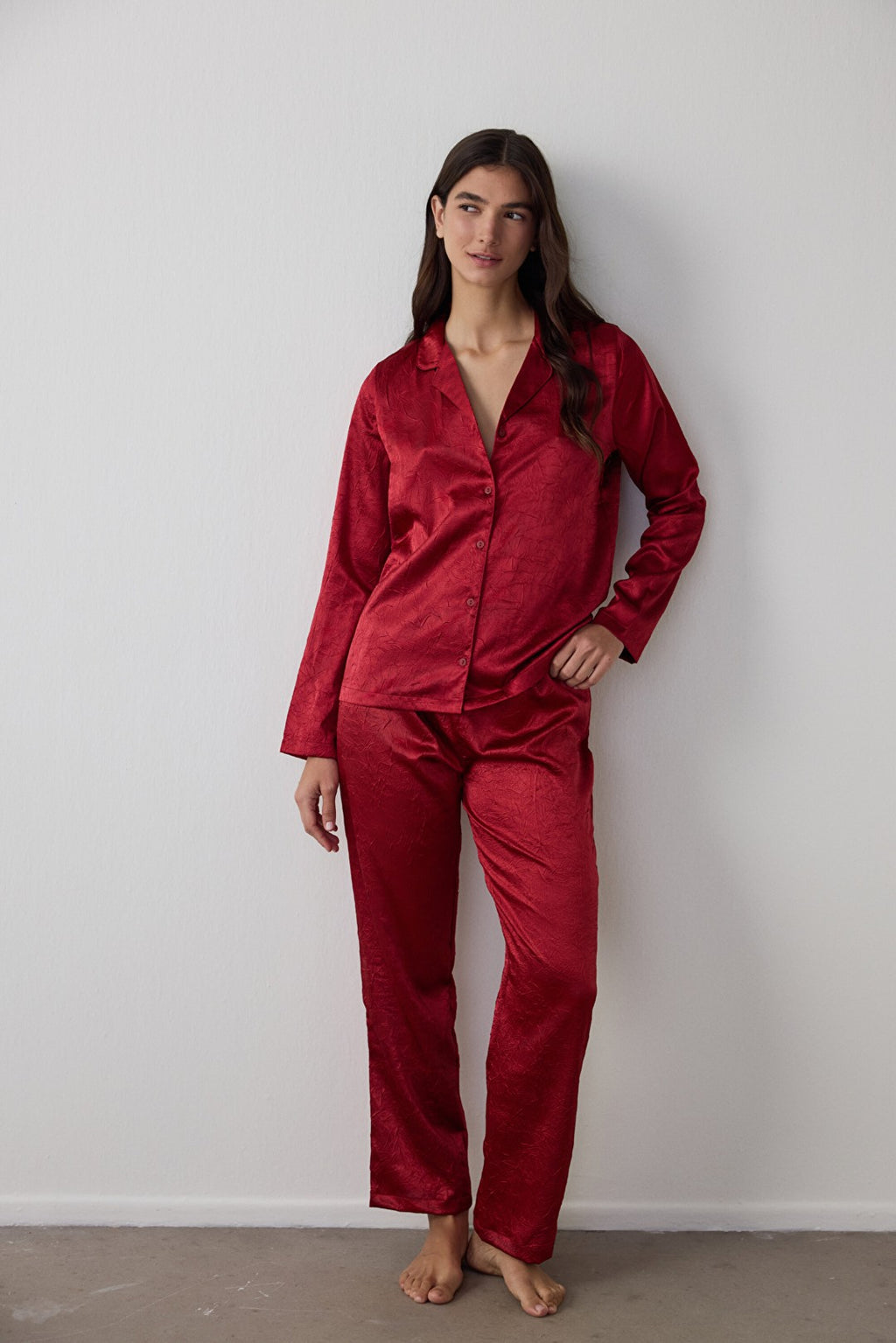 Red Satin Shirt Collar Long Sleeve Pajama Set