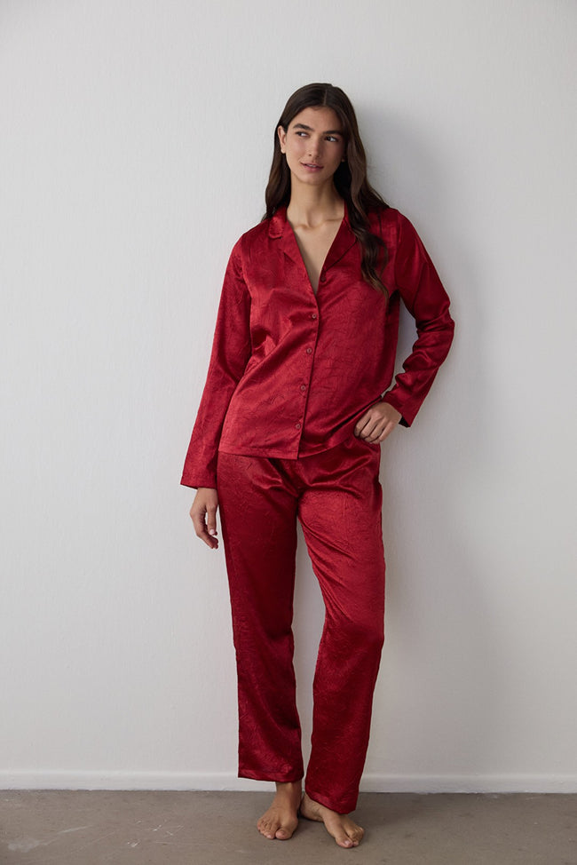 Red Satin Shirt Collar Long Sleeve Pajama Set Hover Image