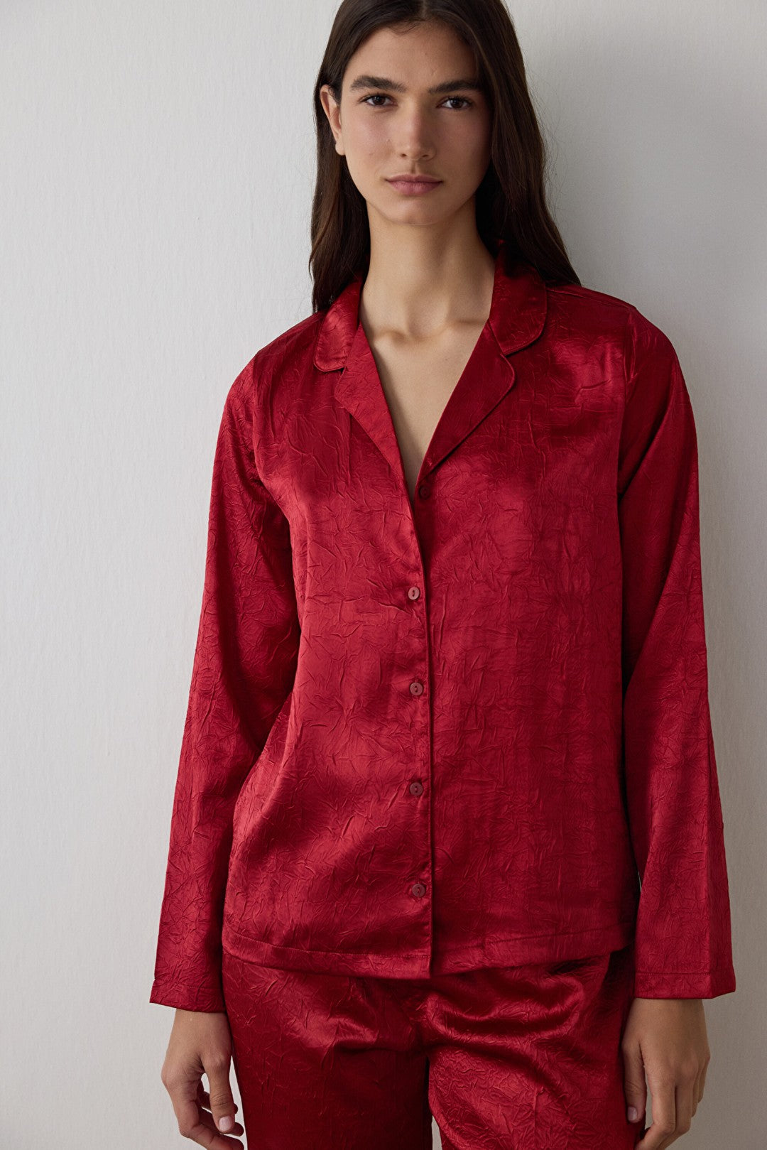 Red Satin Shirt Collar Long Sleeve Pajama Set