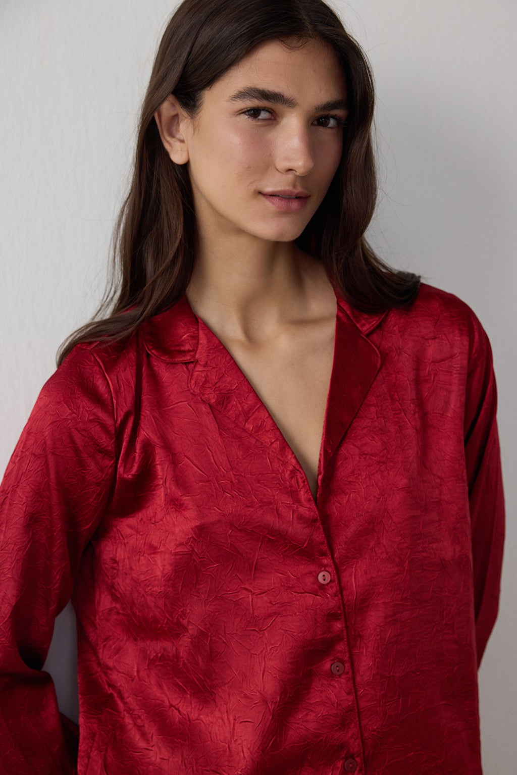 Red Satin Shirt Collar Long Sleeve Pajama Set