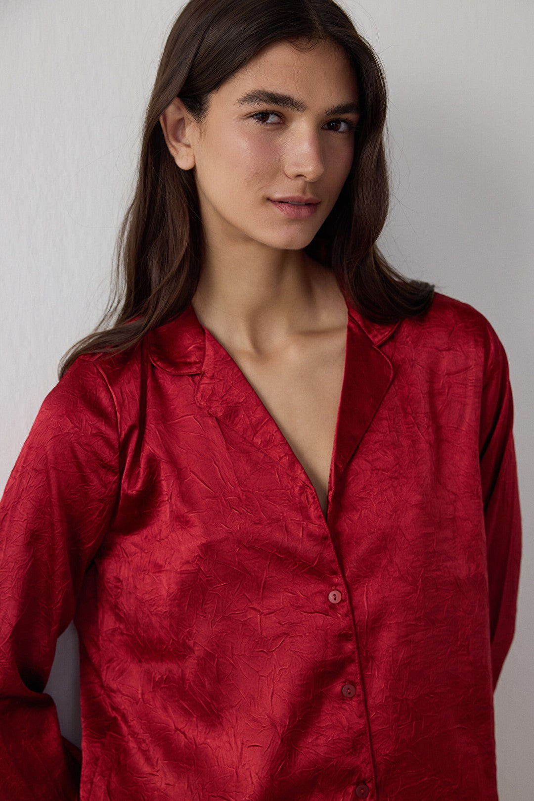 Red Satin Shirt Collar Long Sleeve Pajama Set