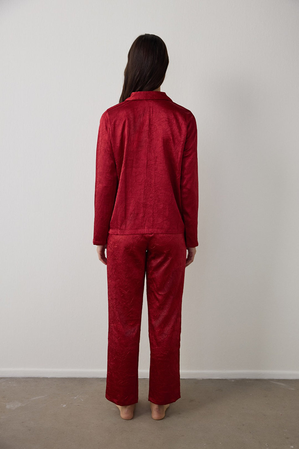 Red Satin Shirt Collar Long Sleeve Pajama Set