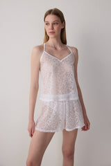 Off White Bridal Lace Pajama Set with Bridal Shorts