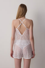Off White Bridal Lace Pajama Set with Bridal Shorts