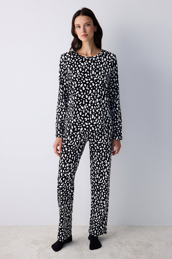 Cotton Dark Leopard Black Pants Pajama Set