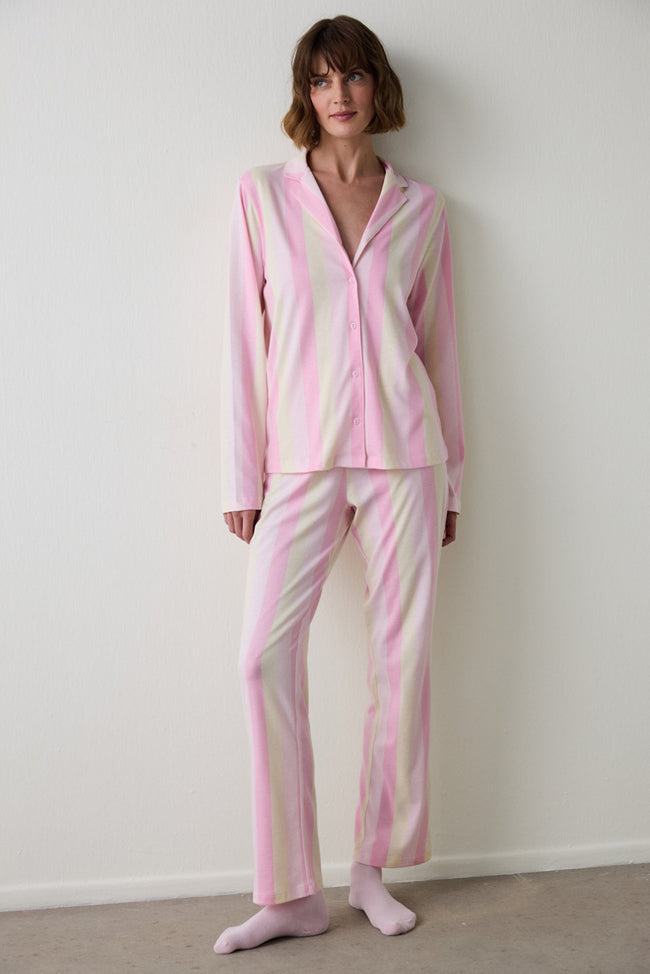 Light Pink Striped Shirt Collar Cotton Pajama Set Hover Image