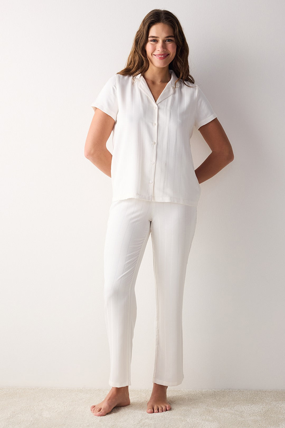 Hannah Satin White Shirt Pajama Set