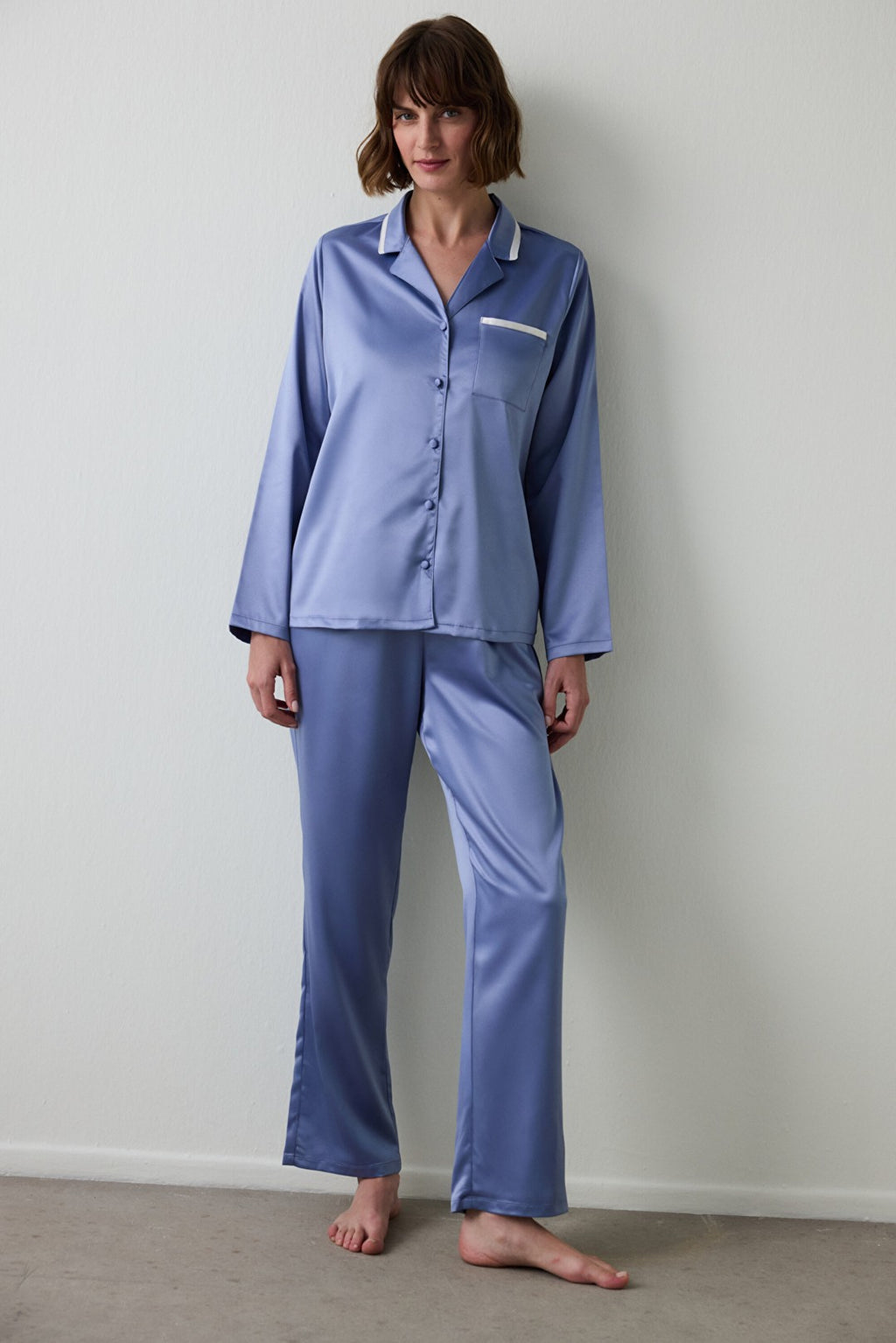 Indigo Hailee Satin Shirt Collar Long Sleeve Pajama Set