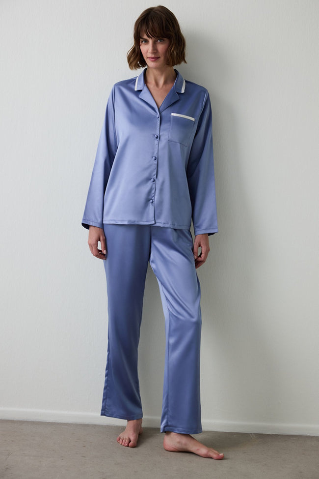 Indigo Hailee Satin Shirt Collar Long Sleeve Pajama Set Hover Image
