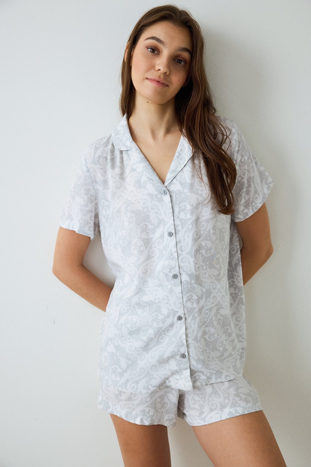Light Gray Roses Shirt Collar Short Sleeve Pajama Set with Shorts