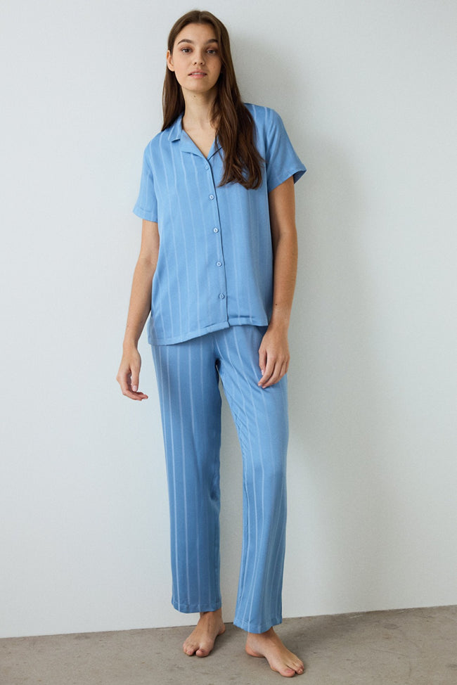 Blue Luna Satin Shirt Collar Short Sleeve Pajama Set Hover Image