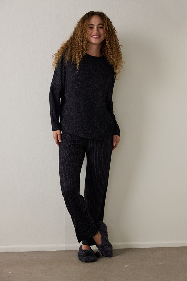 Black Dark Sky Crew Neck Long Sleeve Pajama Set Hover Image