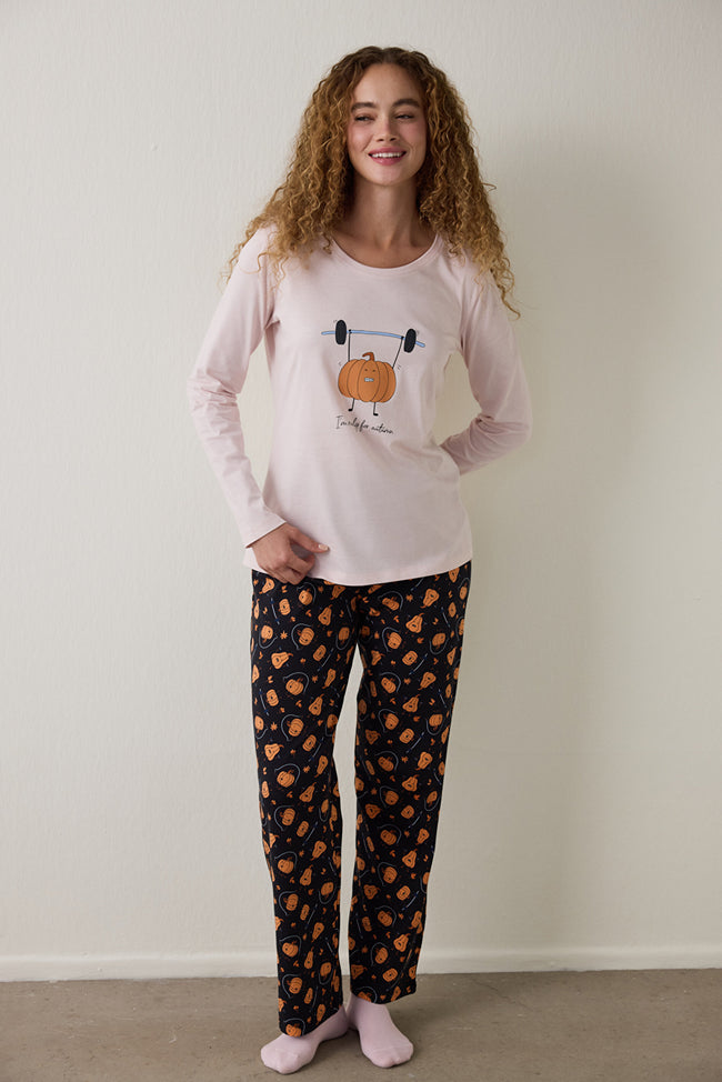 Pumpkin Patterned Crew Neck Cotton Long-Sleeve Pajama Set Hover Image