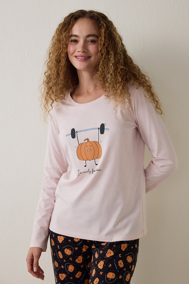 Pumpkin Patterned Crew Neck Cotton Long-Sleeve Pajama Set Main Image