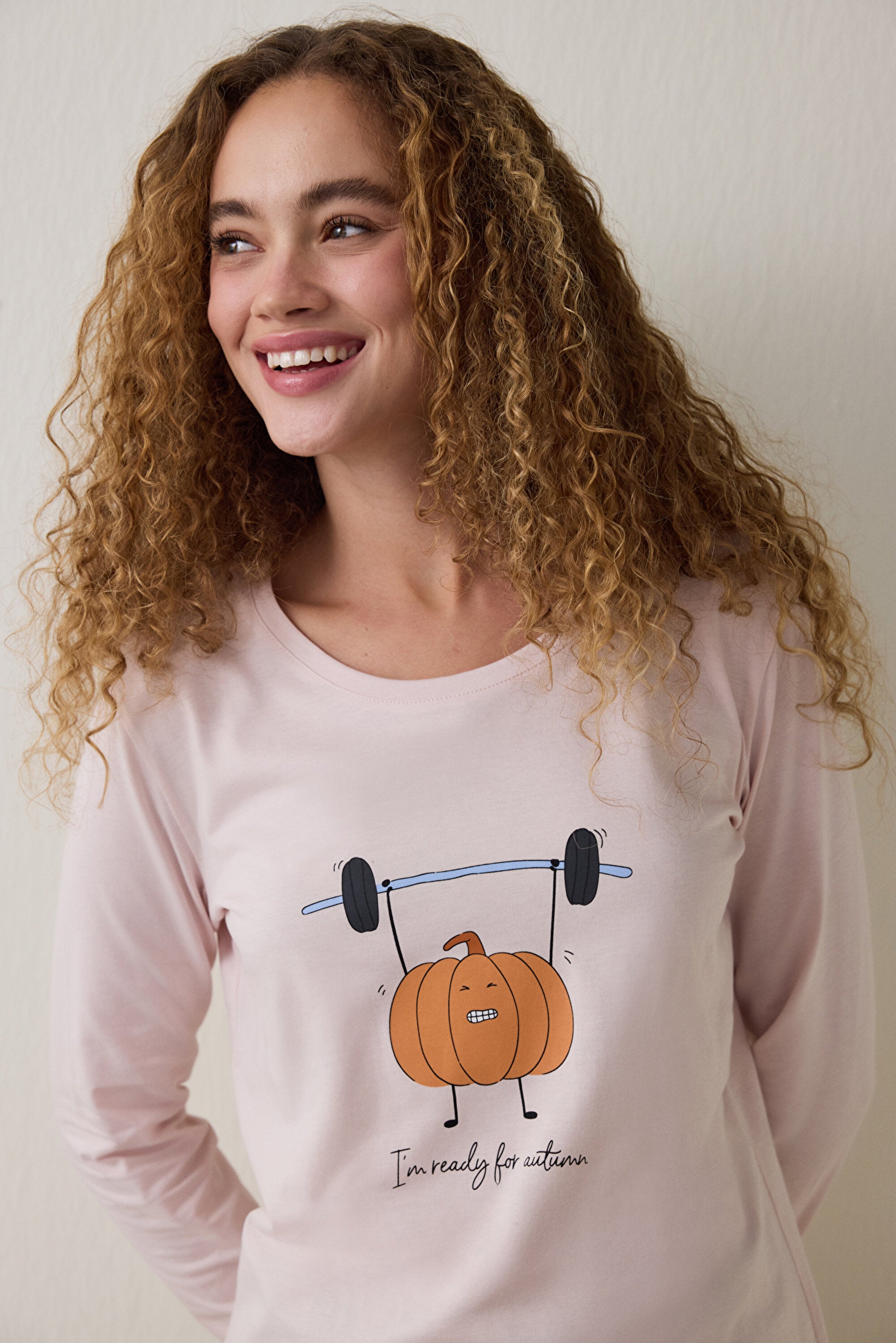 Pumpkin Patterned Crew Neck Cotton Long-Sleeve Pajama Set
