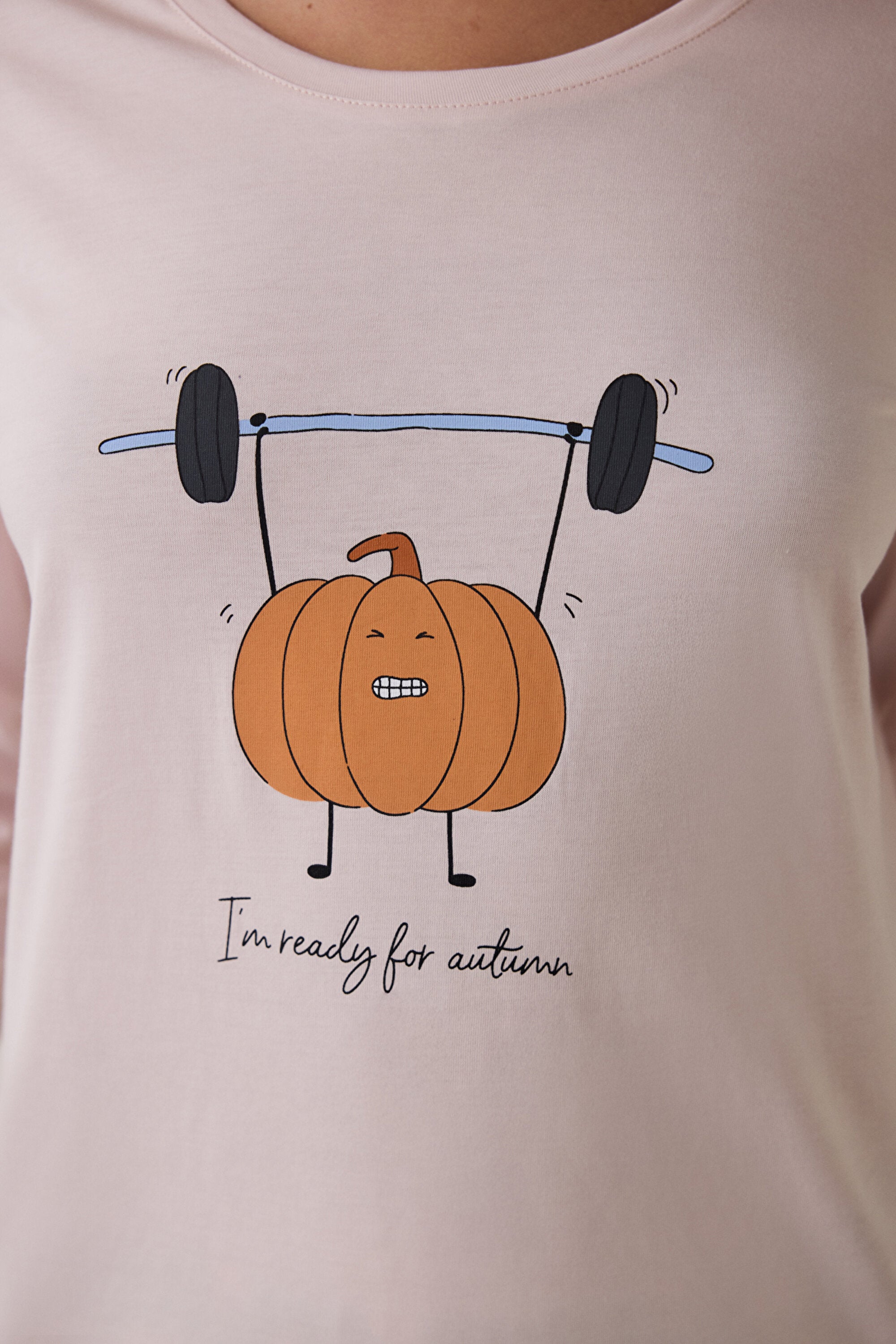 Pumpkin Patterned Crew Neck Cotton Long-Sleeve Pajama Set