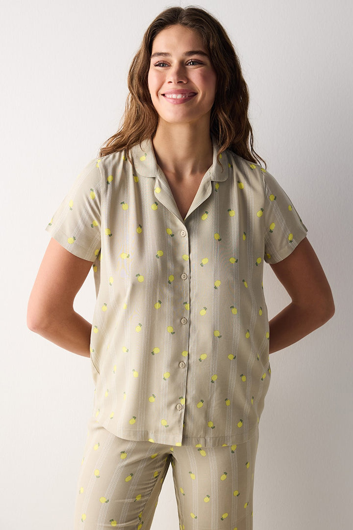 Lemon Patterned Light Green Shirt Pants Pajama Set