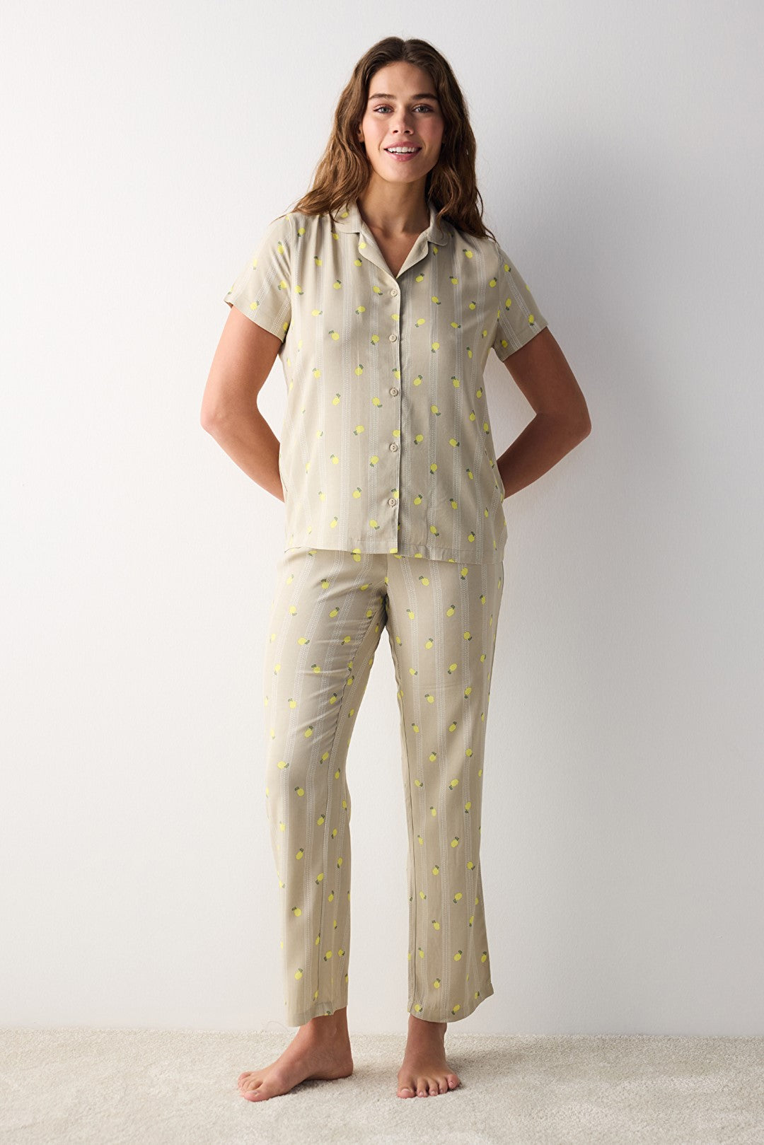 Lemon Patterned Light Green Shirt Pants Pajama Set