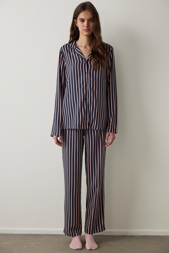 Navy Striped Shirt Collar Long Sleeve Pajama Set Hover Image