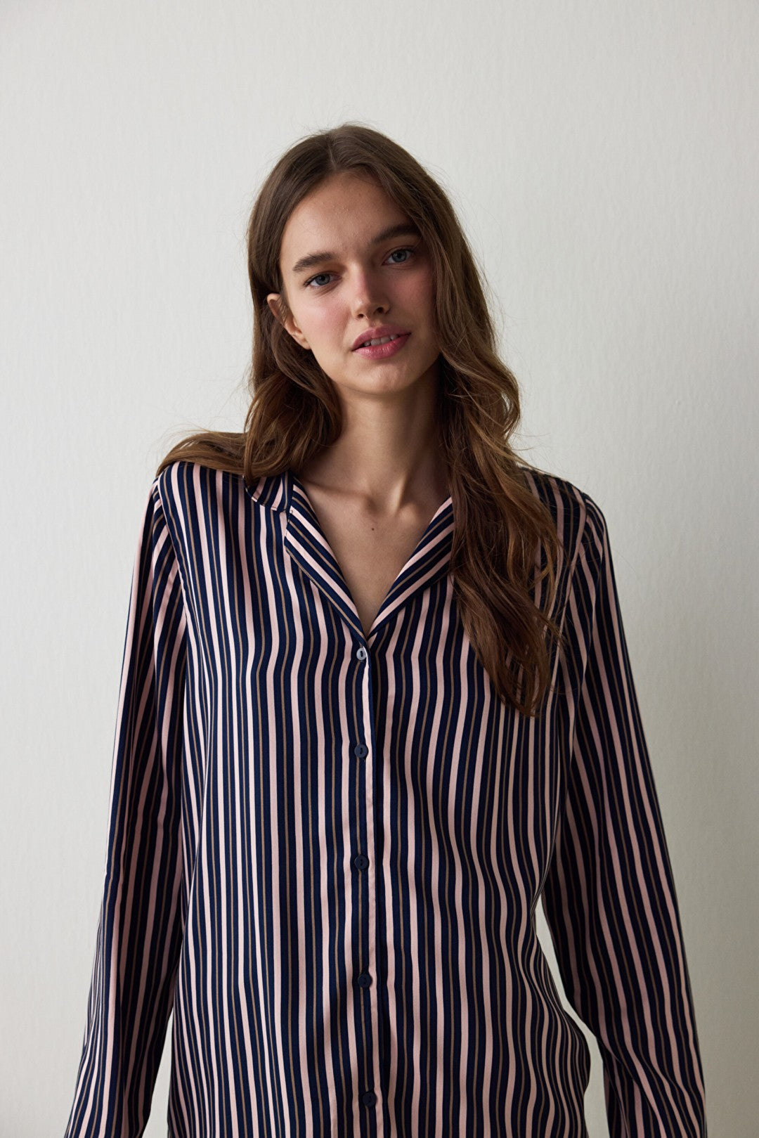 Navy Striped Shirt Collar Long Sleeve Pajama Set