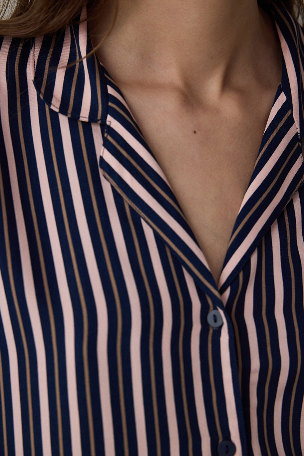 Navy Striped Shirt Collar Long Sleeve Pajama Set