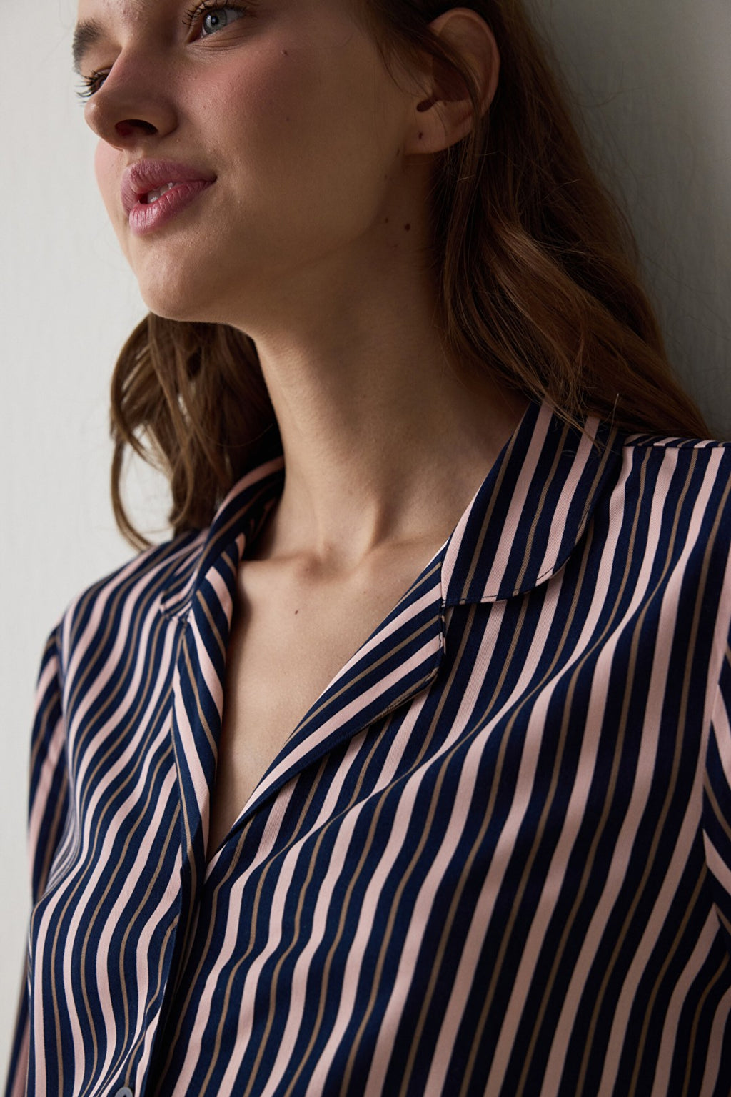 Navy Striped Shirt Collar Long Sleeve Pajama Set