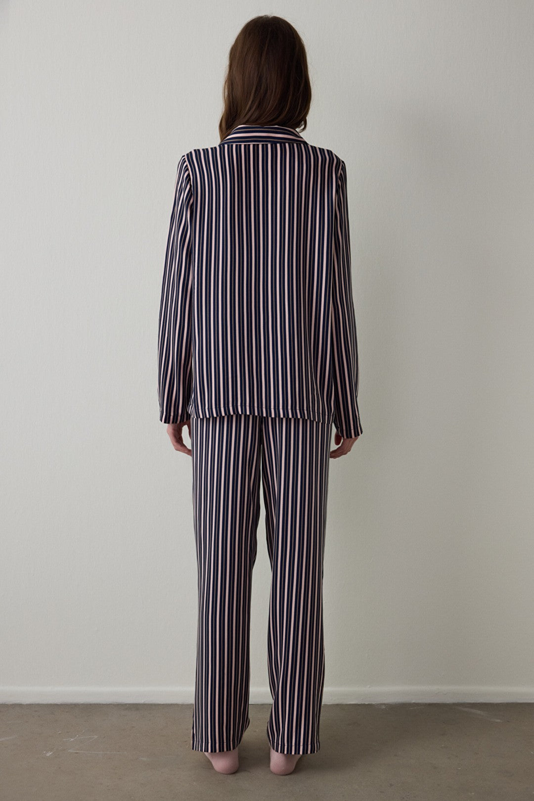 Navy Striped Shirt Collar Long Sleeve Pajama Set