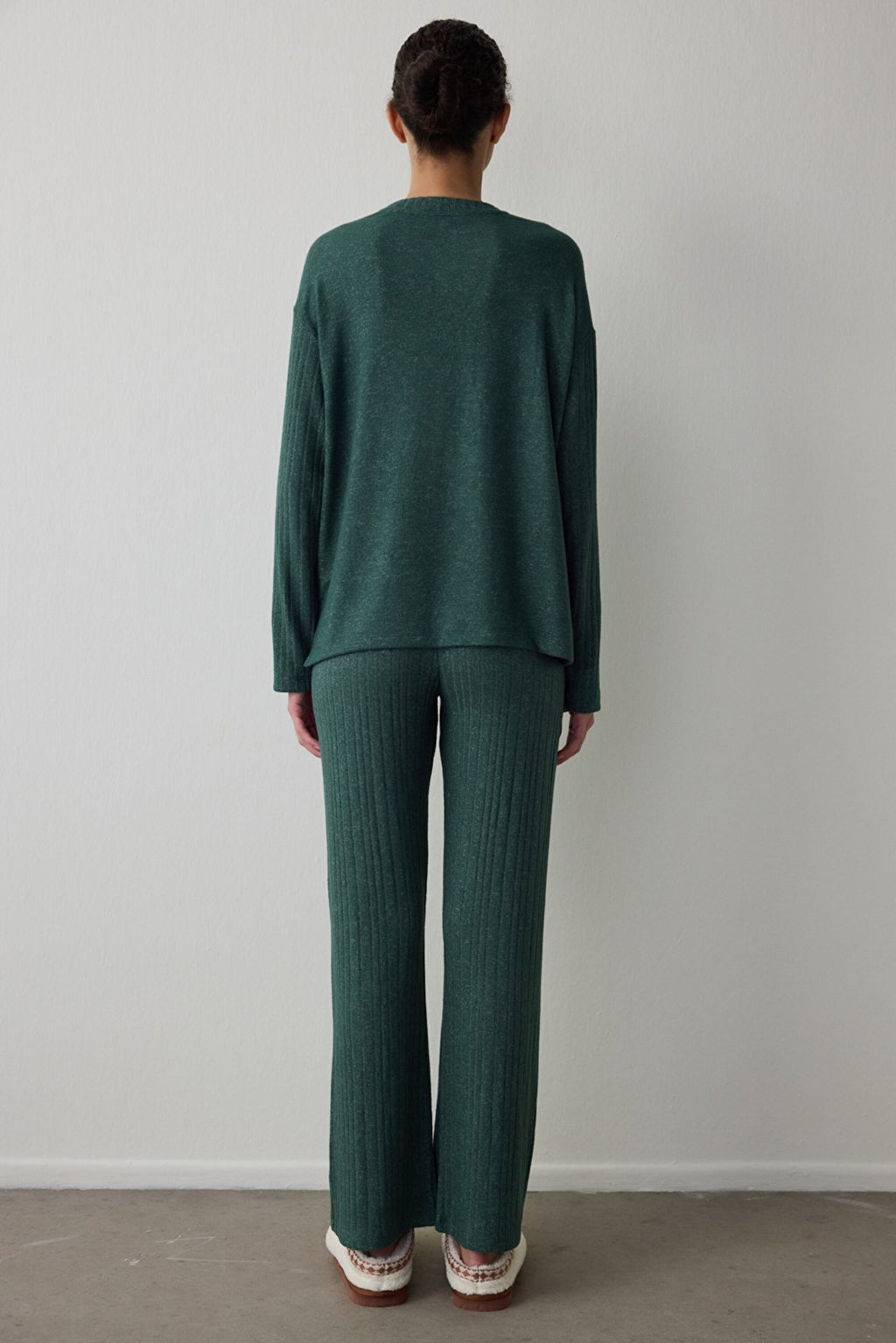 Dark Green Coziness Crew Neck Long Sleeve Pajama Set