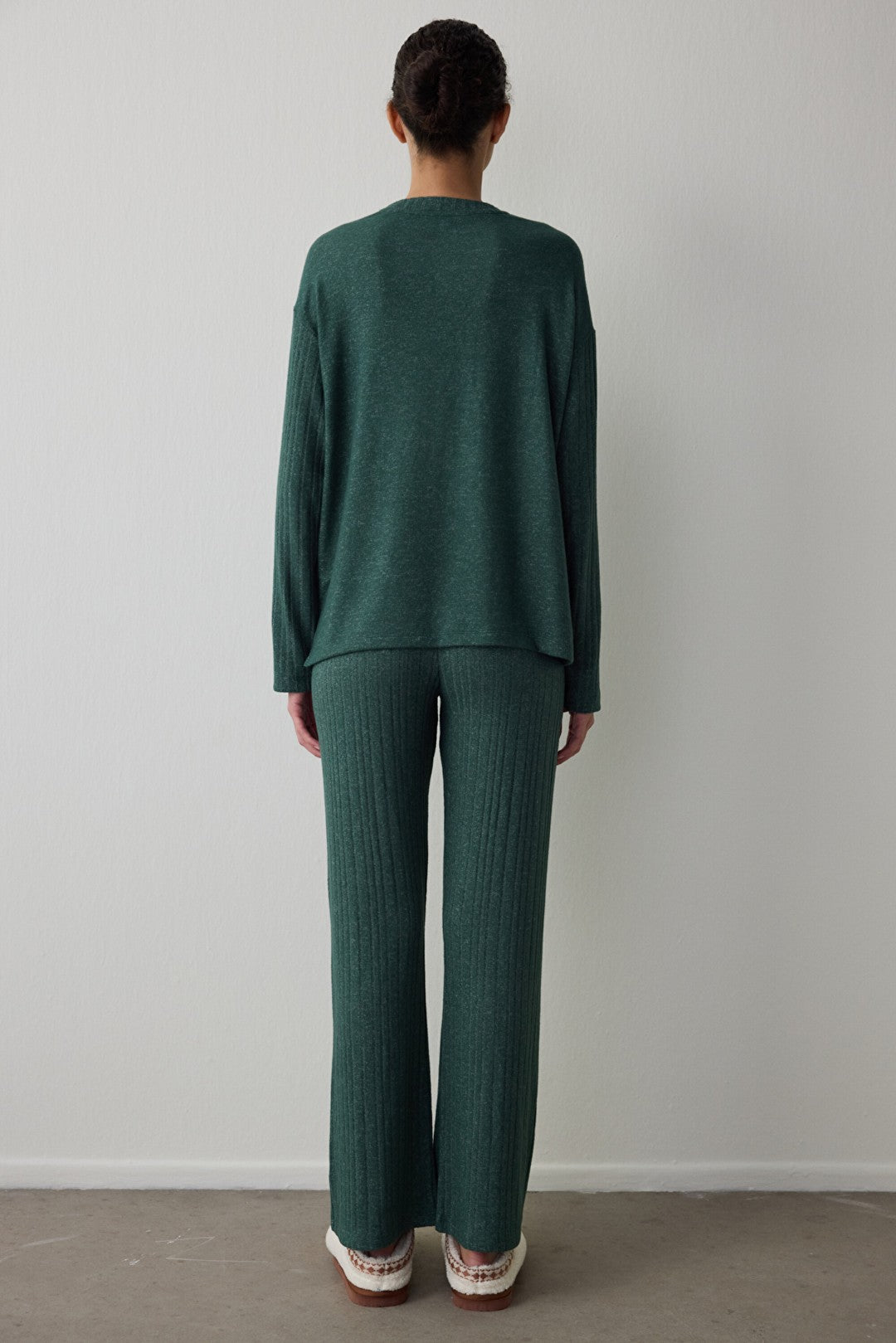 Dark Green Coziness Crew Neck Long Sleeve Pajama Set