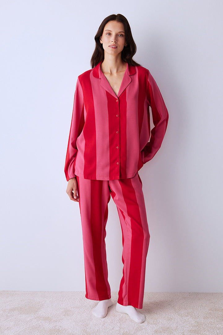 For You Striped Red Buttoned Shirt Pants Pajama Set