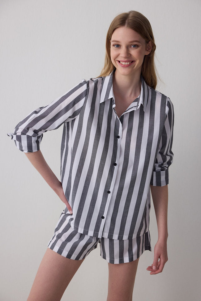 Striped Quinn Shirt Collar Cotton Long Sleeve Shorts Pajama Set Hover Image