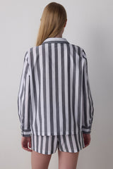 Striped Quinn Shirt Collar Cotton Long Sleeve Shorts Pajama Set