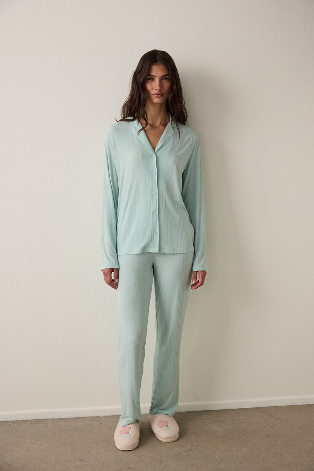 Mint Ribbed Shirt Collar Button-Down Long Sleeve Sustainable Viscose Pajama Set