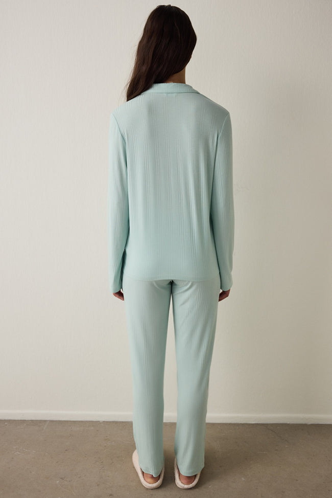 Mint Ribbed Shirt Collar Button-Down Long Sleeve Sustainable Viscose Pajama Set Main Image