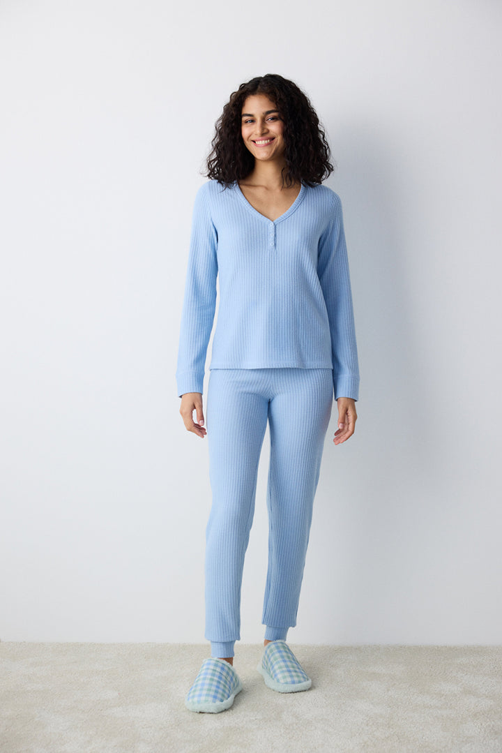 Blue Soft Light Blue Pants Pajama Set