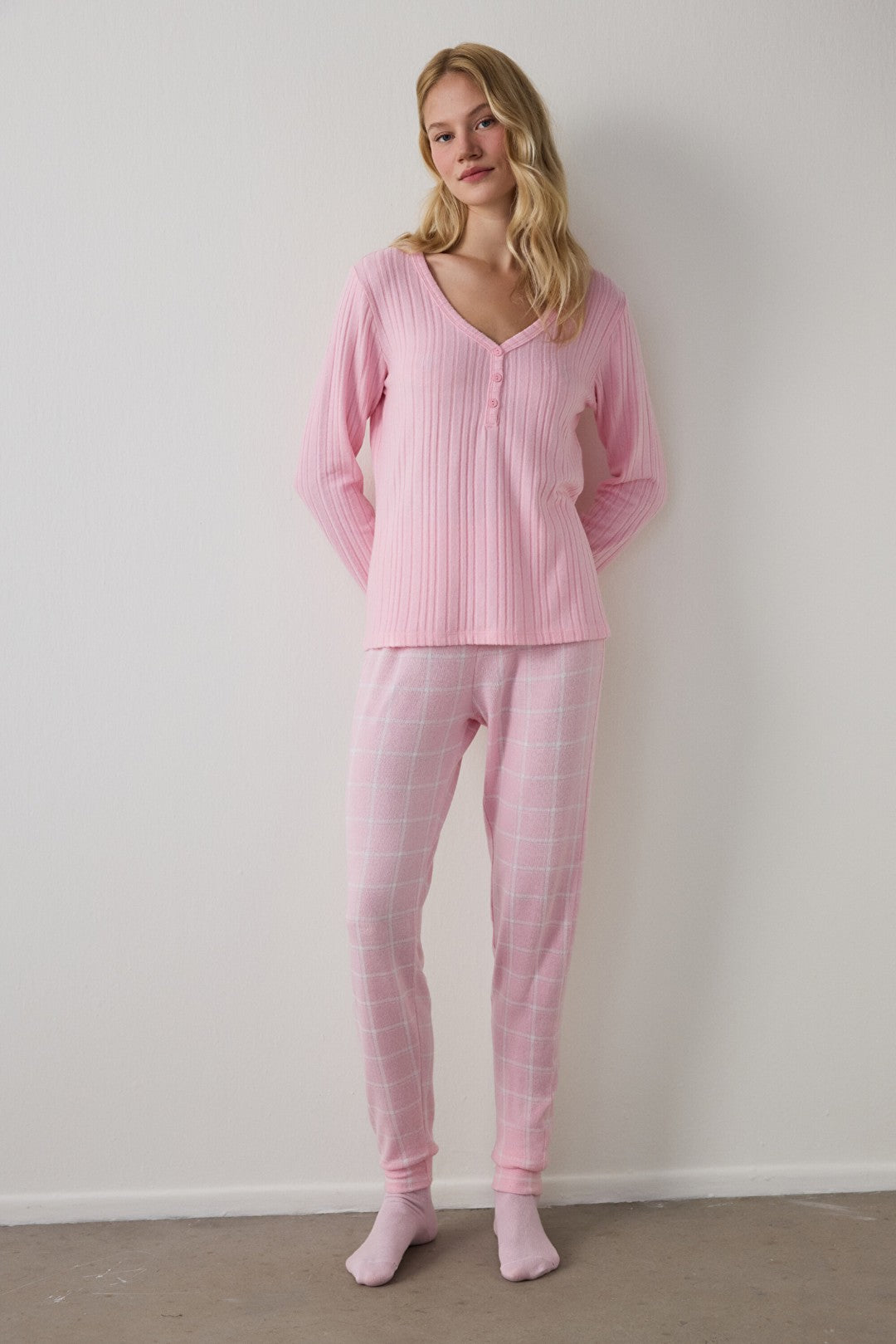 Rose Pink Cozy Time Plaid Long-Sleeve Pajama Set