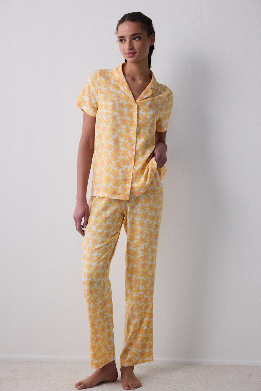 Sunny Floral Shirt Pants Yellow Pajama Set