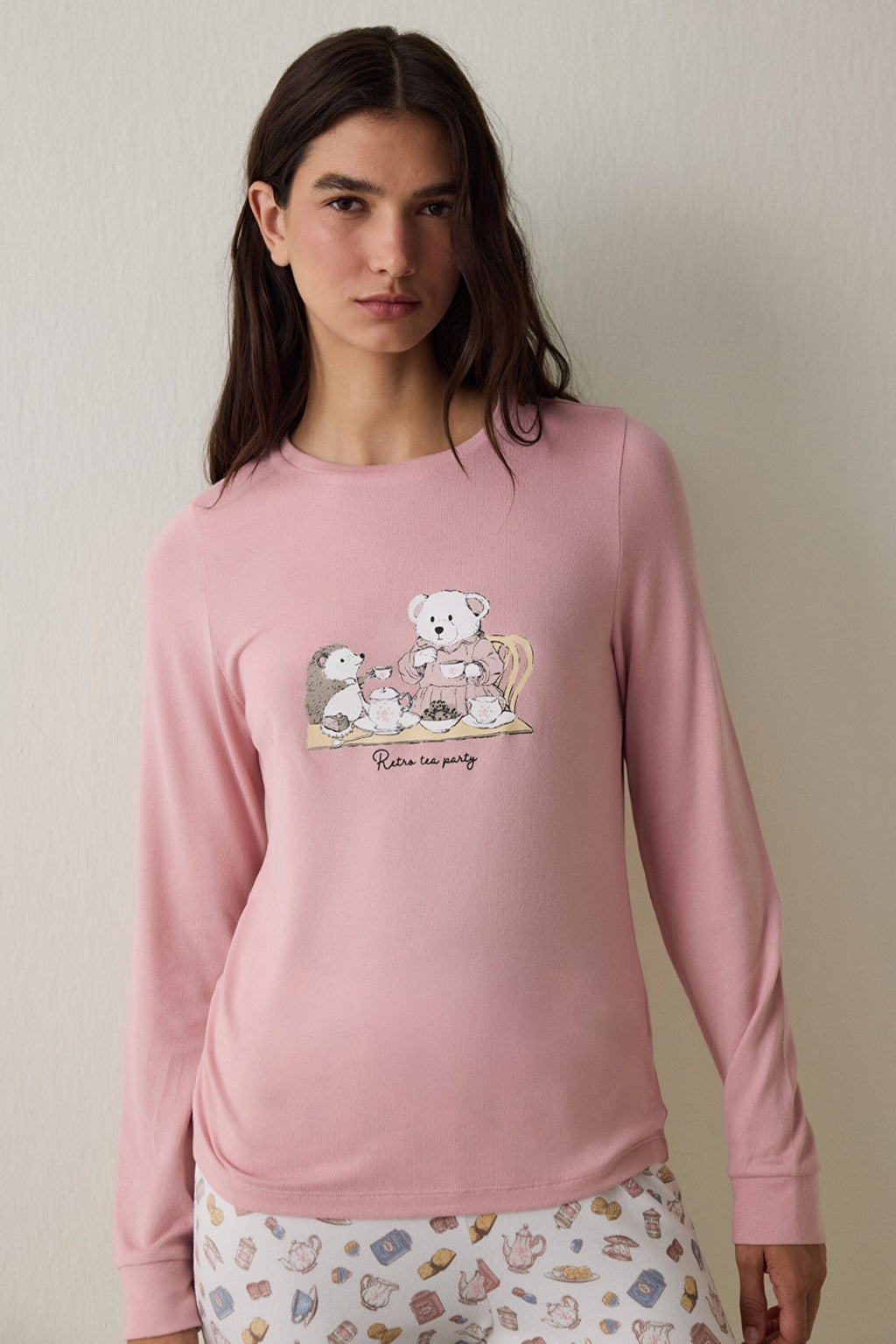 Pink Tea Party Drink Patterned Crew Neck Long Sleeve Pajama Top