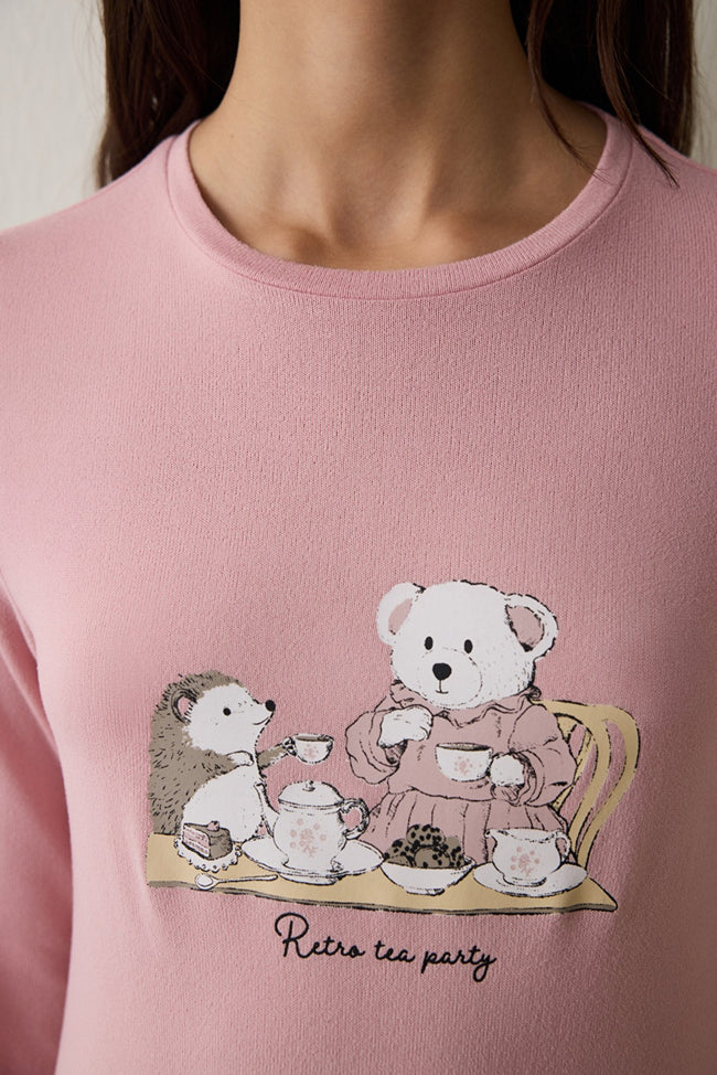 Pink Tea Party Drink Patterned Crew Neck Long Sleeve Pajama Top Main Image