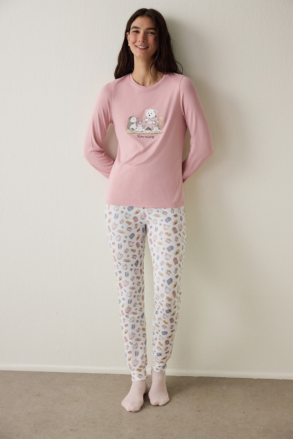 Pink Tea Party Drink Patterned Crew Neck Long Sleeve Pajama Top